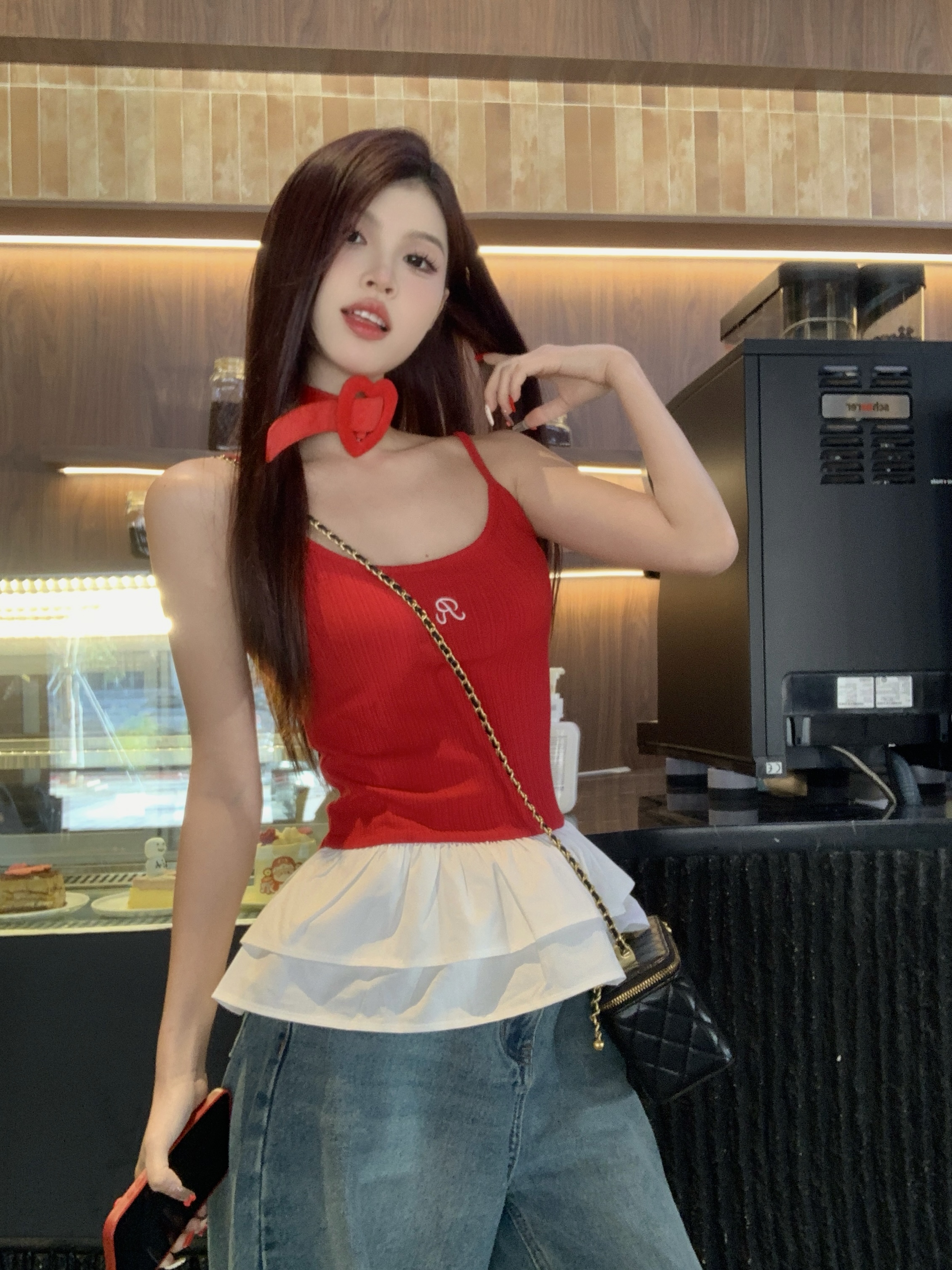 Real photo of red knitted lace suspender vest in spring, you can wear an embroidered ballet style unique top