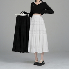 Real-life spring and summer new French white lace splicing cake skirt mid-length A-line large umbrella skirt