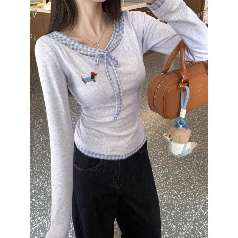 Gray front shoulder fake two-piece long-sleeved T-shirt for women in spring 2025 new style inner slim bodywear