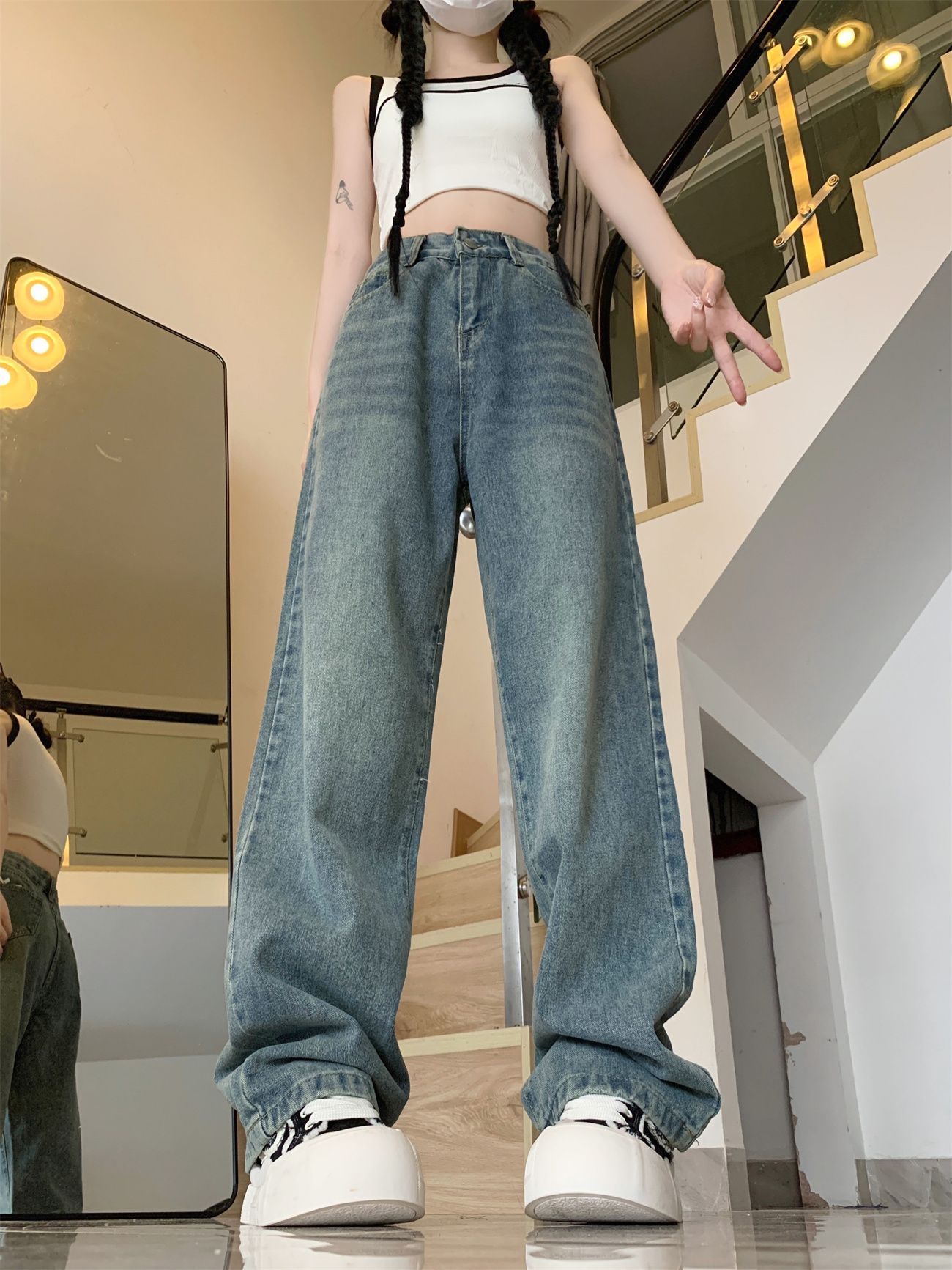 Real-life American retro old straight jeans for women in spring and autumn new loose slim and narrow wide-leg floor-slim pants