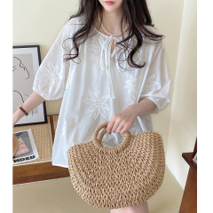 2025 summer large size women's clothing sweet lace-up hook medium sleeve shirt white doll shirt top M-4XL200 jin