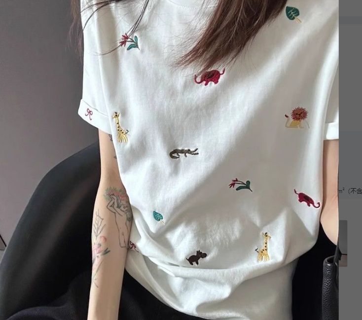 刺繡純棉220克精梳緊密短袖t恤女