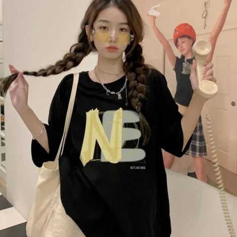 原版外貿短袖t恤女寬鬆韓版ins潮夏季新款中長款半袖上衣ins潮