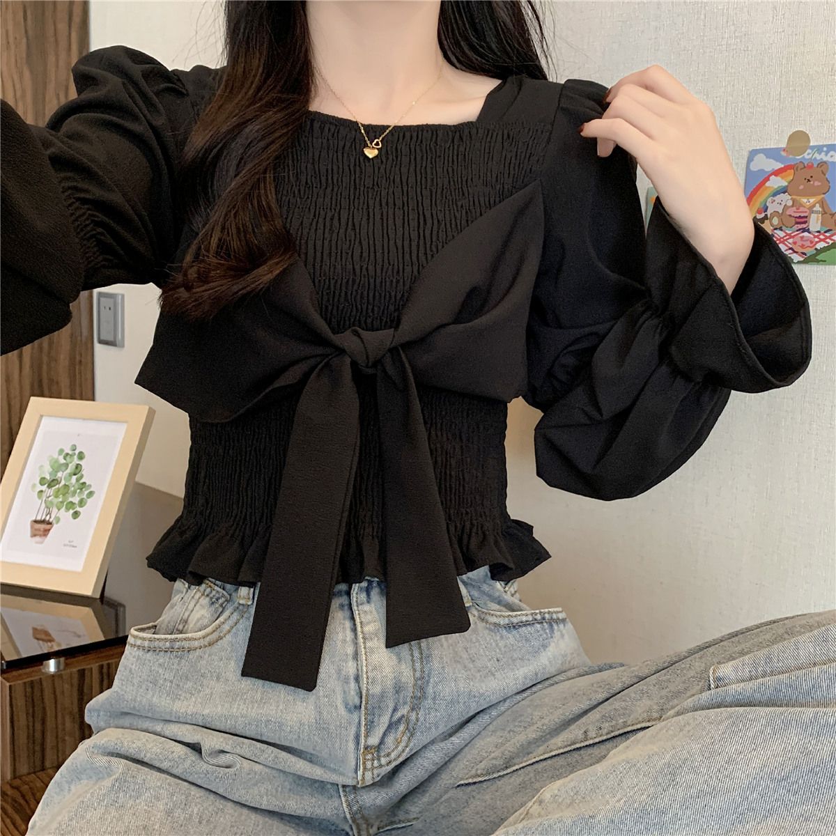 實拍秋冬季方領短款襯衫女士修身顯瘦減齡蝴蝶結長袖百搭上衣