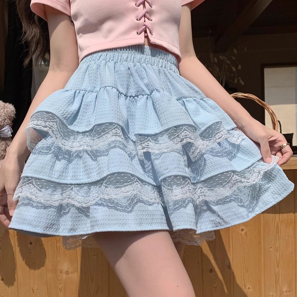 甜妹風蕾絲蛋糕裙女小個子半身裙百褶裙a字蓬蓬短裙女
