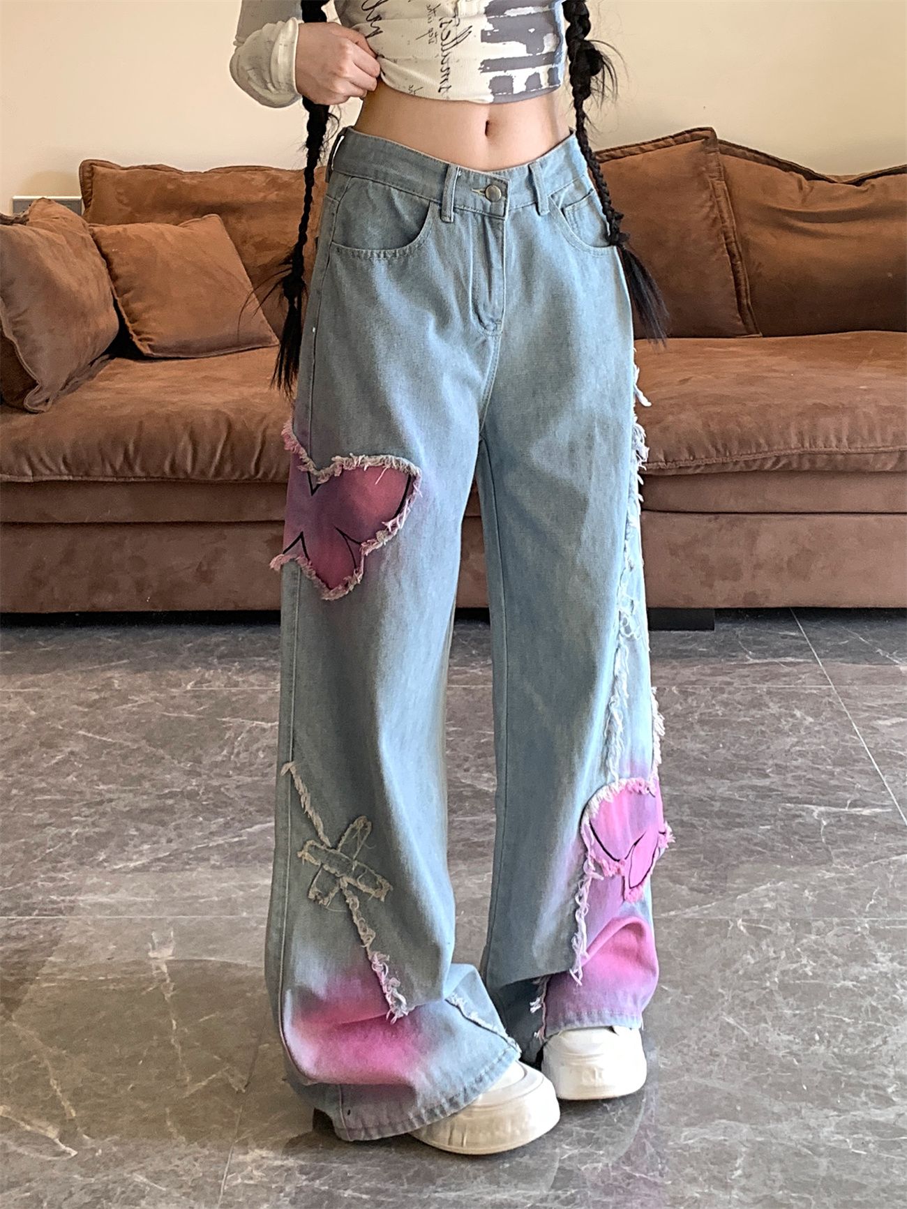 Real shot~Retro butterfly embroidered design rosted jeans for women sweet and cool straight pants