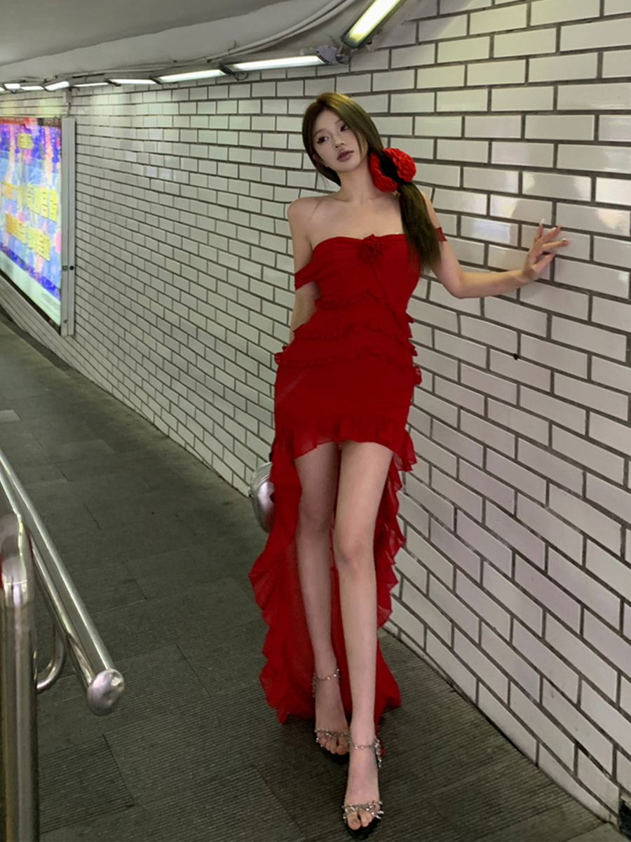Real shot of retro tail slim sexy three-dimensional flower red chiffon strapless dress hip skirt women