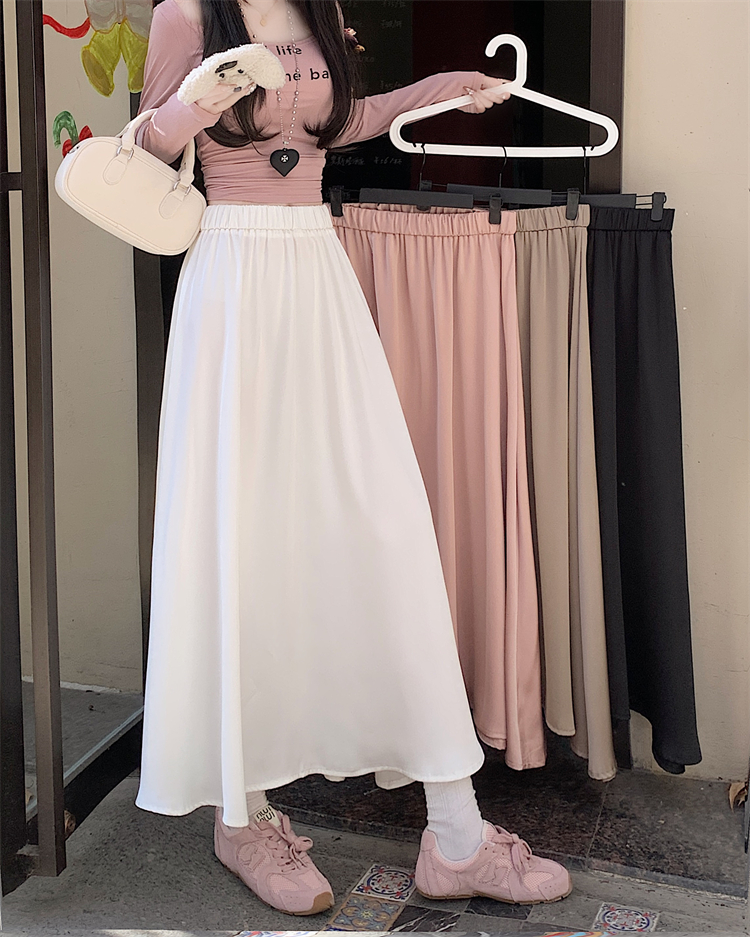 Real shot ~ Early spring design satin drooping skirt new high-waisted slim big skirt long skirt women's skirt