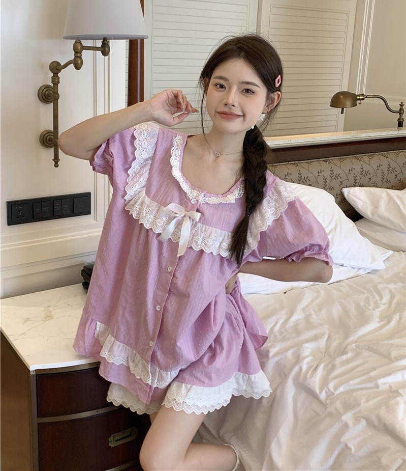 Real shot of Korean version of sweet cotton jacquard princess style heavy industry lace summer wear short-sleeved home clothing set
