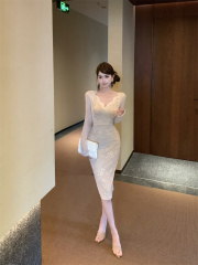 實拍 氣質有彈力性感長袖連衣裙