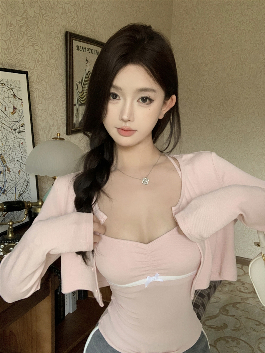 Real shot of sexy sunscreen cardigan jacket V-neck bow-fitting inner strap vest two-piece set for women