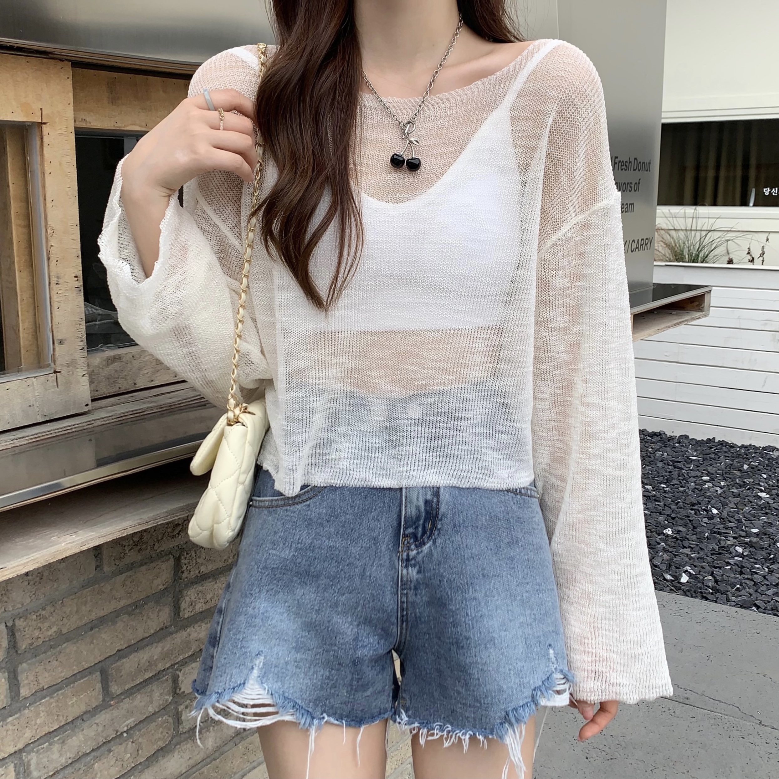 Real photo of new summer solid color loose long-sleeved T-shirt sweater for women thin sunscreen blouse