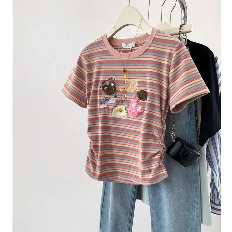 刺繡原版布料學院風卡通條紋拼色正肩甜妹短袖T恤女