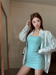 Real shot of retro striped lace spliced ​​sunscreen shirt + knitted suspender waistband short skirt dress for women