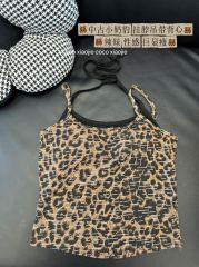 Real shot of leopard print fake two-piece halter neck pure desire style inner strap vest for women slim fit beautiful back strap chest