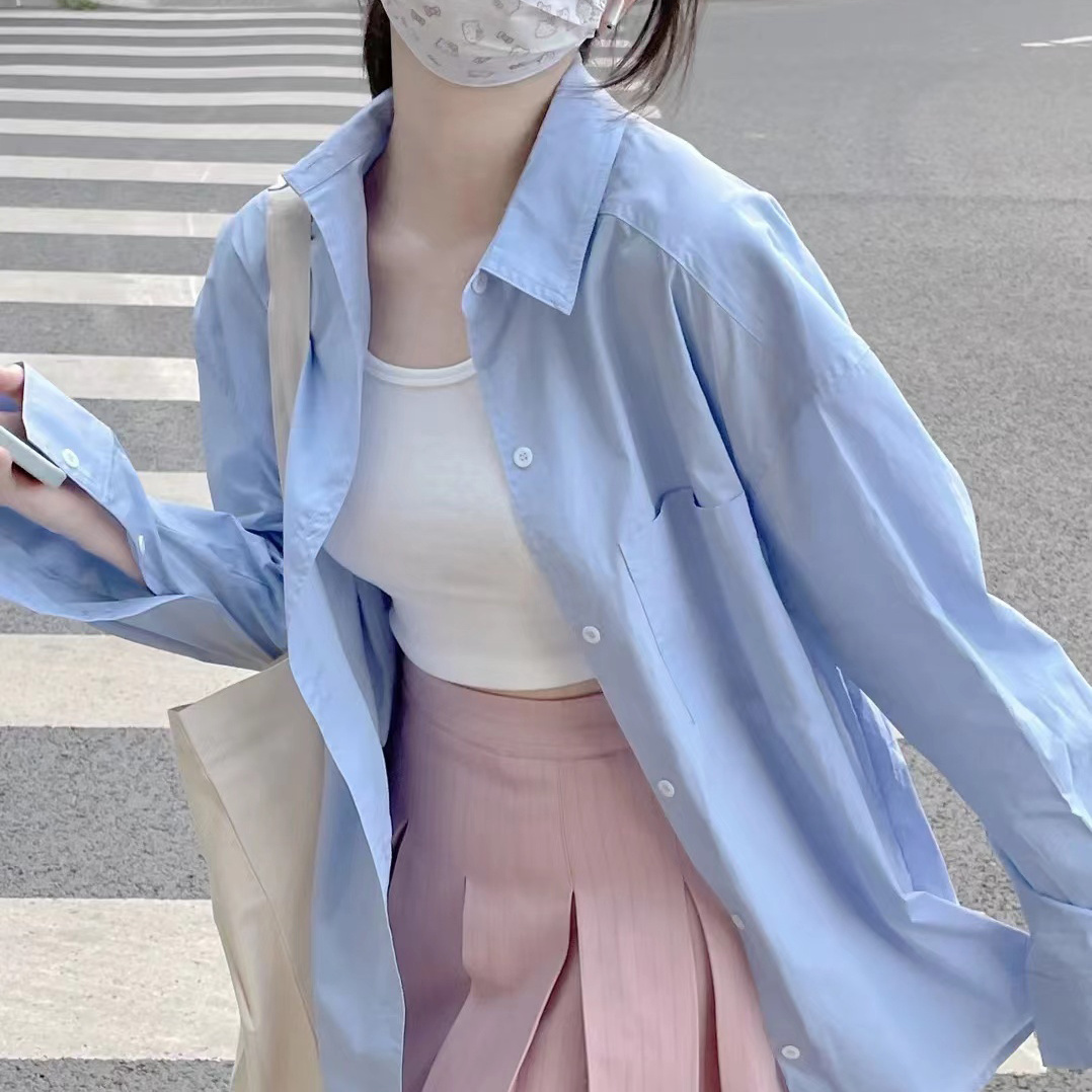 棉質藍色襯衫女法式質感別致漂亮小衫休閒上衣2025早春裝新款襯衣