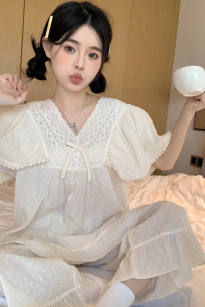 Real shot of Korean version of summer sweet princess style heavy industry embroidered cotton jacquard lace loose and comfortable home clothing
