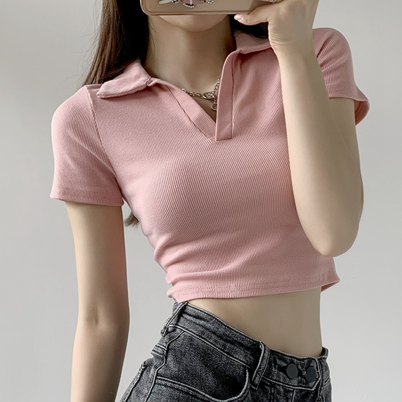 Korean foreign trade Korean version of rainbow rib 90 polyester fiber 10 spandex POLO neck short sleeve women's summer short T-shirt