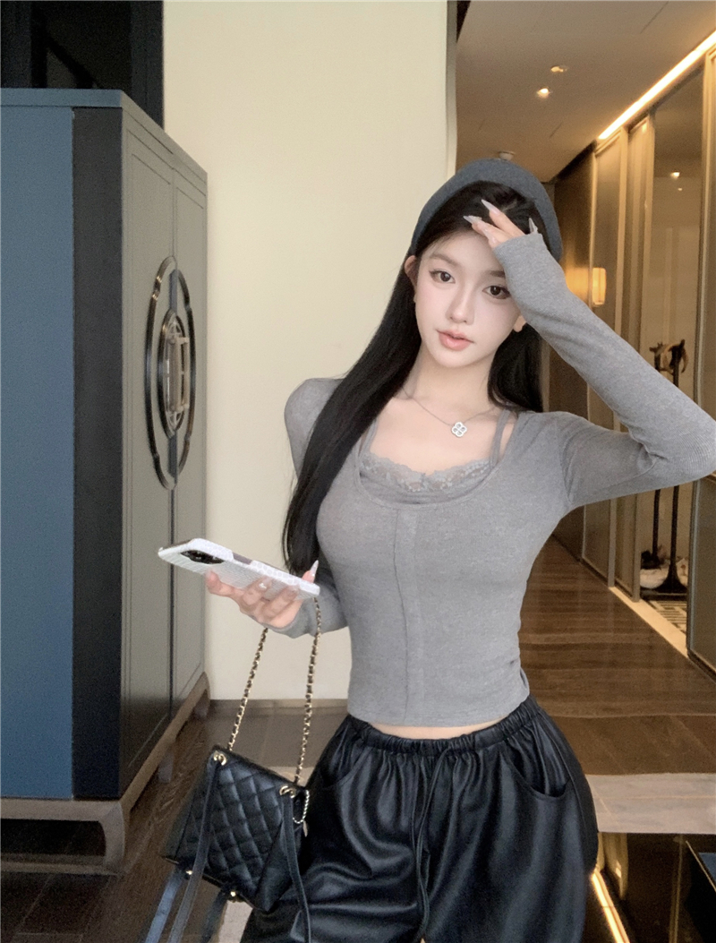 Real shot of one second thin and delicate lace fake two-piece knitted slim base shirt for women spring slim inner top