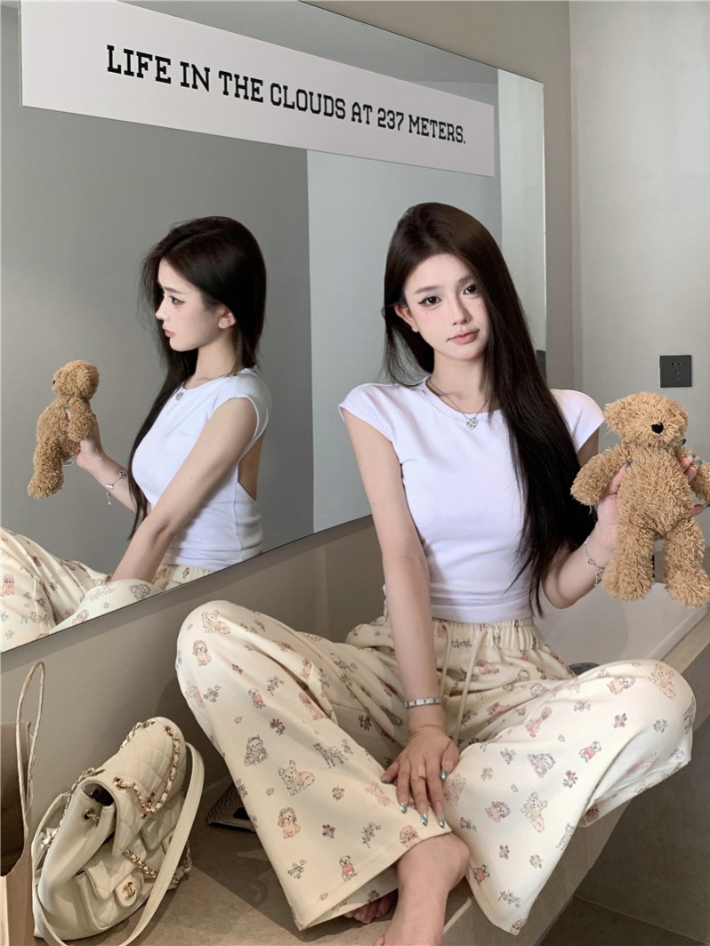Real photo~ Smiling dog Girls need tea pants to mop the floor wide-leg pants