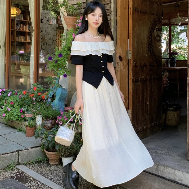 Real shot French ruffled one-shoulder contrast splicing top + high-waisted slim skirt two-piece set for women