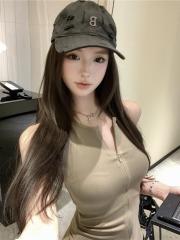 Real photo~ Zipper round neck sleeveless suspender vest for women 2025 spring and summer new I-shaped waist slimming body