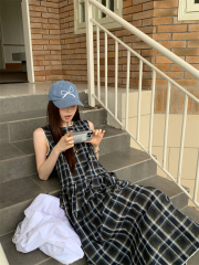 Real shot Korean retro green check sleeveless vest dress