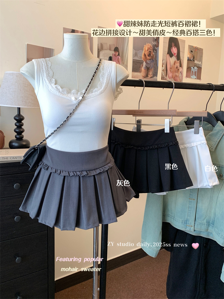 Real shot ~ American hot girl suit pleated skirt for women with high waist A-line versatile fluffy anti-exposure skirt