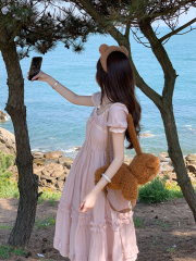 Real photo of sweet puff sleeve waist-hugging A-line long skirt for women in summer beach vacation gentle dress