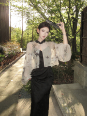 Real shot of retro sexy new Chinese style buckle sunscreen cardigan + jacquard satin suspender cheongsam dress for women