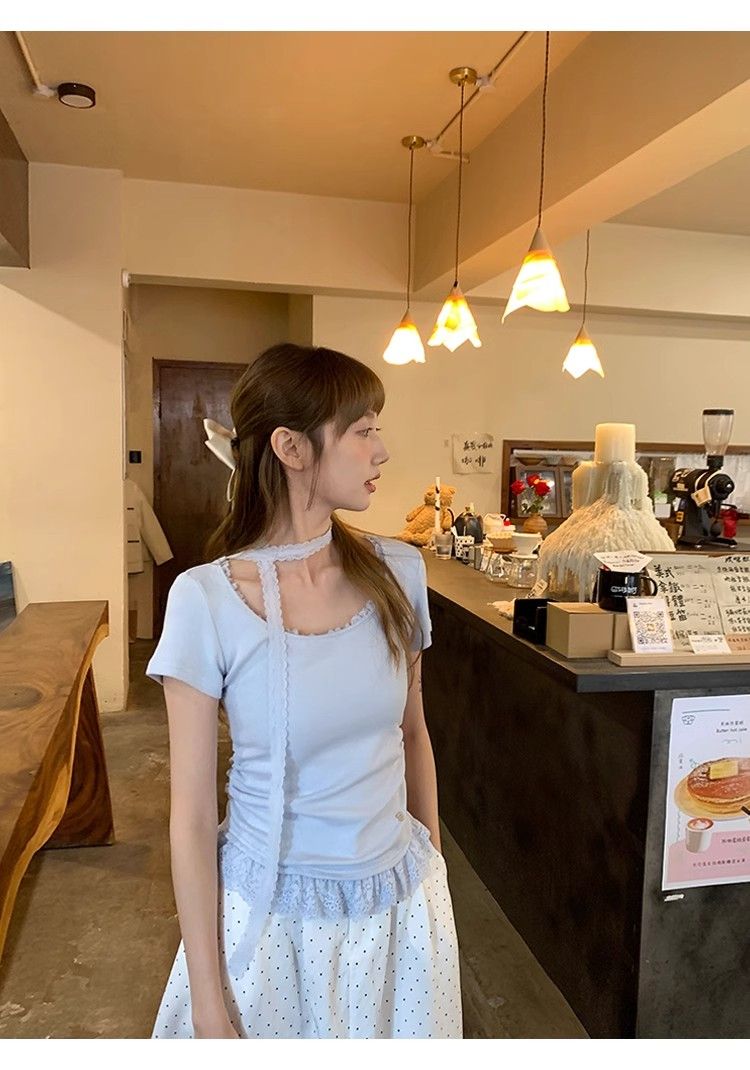 甜美蕾絲花邊拼接短袖T恤女春季韓系白色修身顯瘦正肩上衣