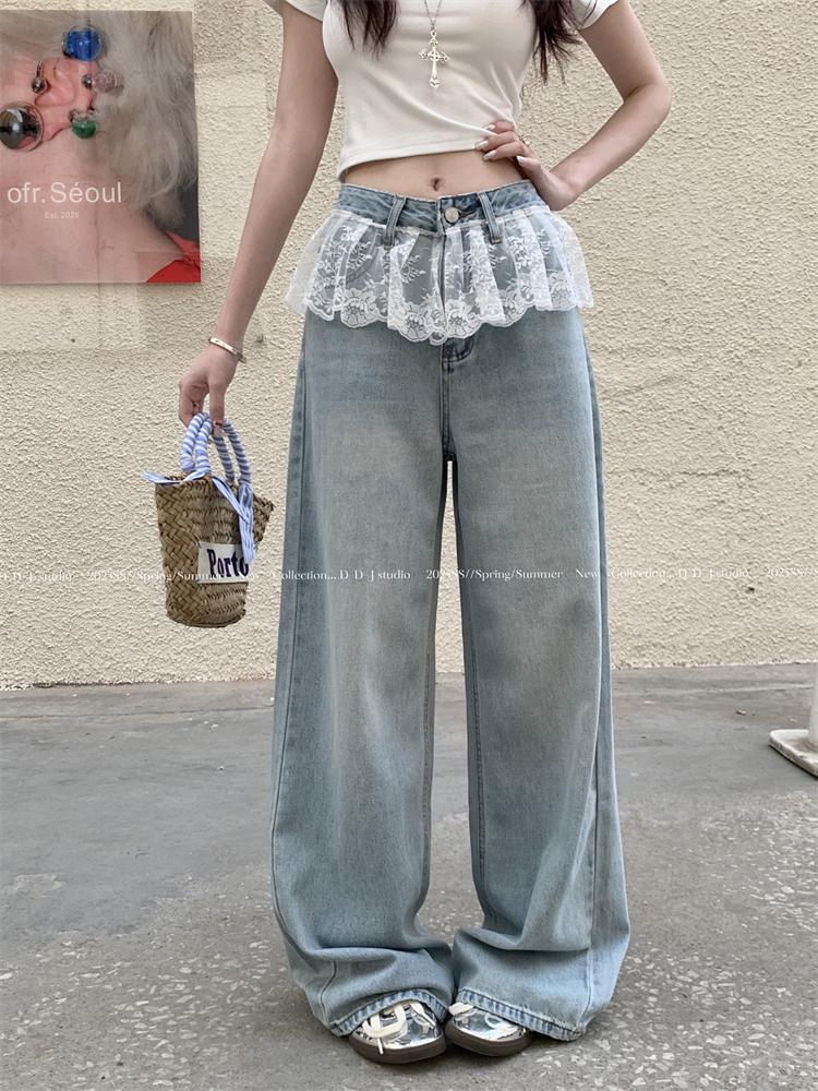 Real shot ~ New lace spliced ​​wide-leg jeans for women with high waist slimming straight-leg floor trousers