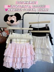 Real shot of 2025 autumn and summer French sweet age-reducing elastic high waist slimming and anti-exposure A-line flower bud half-body short skirt for women