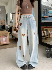 Real shot #New loose straight jeans for women's bear embroidered design wide-leg floor-sliding pants