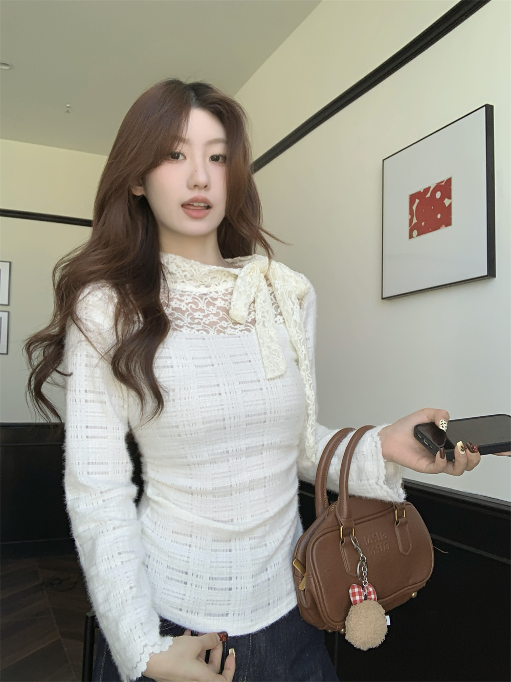 Real shot of gentle lace spliced ​​bow top for women Korean slim long-sleeved knitted sweater
