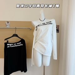 Pure cotton wide neckline letters two-wear long-sleeved T-shirt