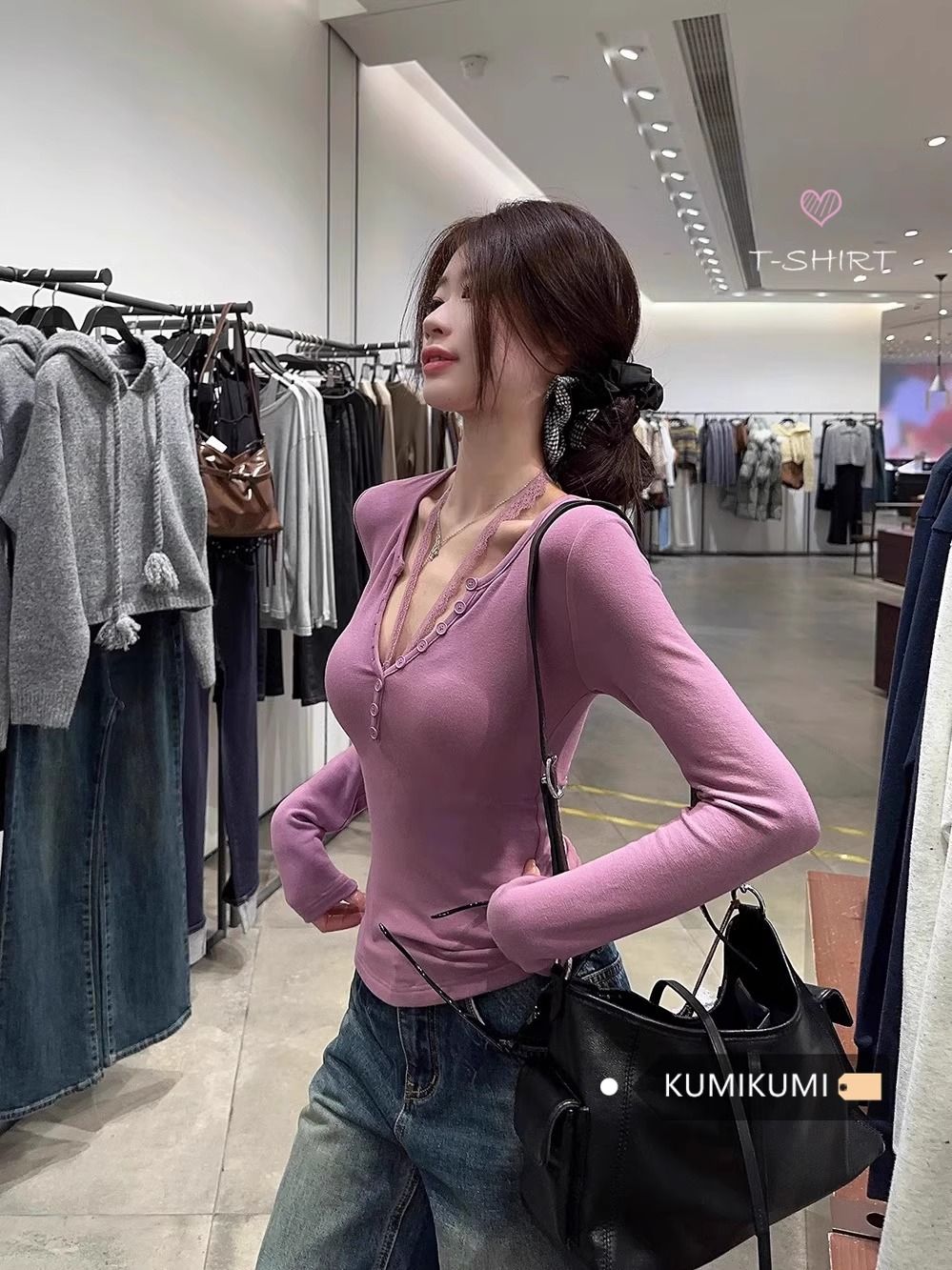 Pure V-neck lace neck halter bottoming shirt for women in spring purple long-sleeved T-shirt slim top