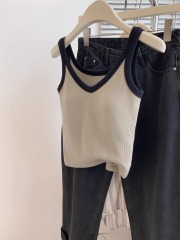 帶胸墊40支210克92棉8氨綸v領帶胸墊法式背心外穿吊帶