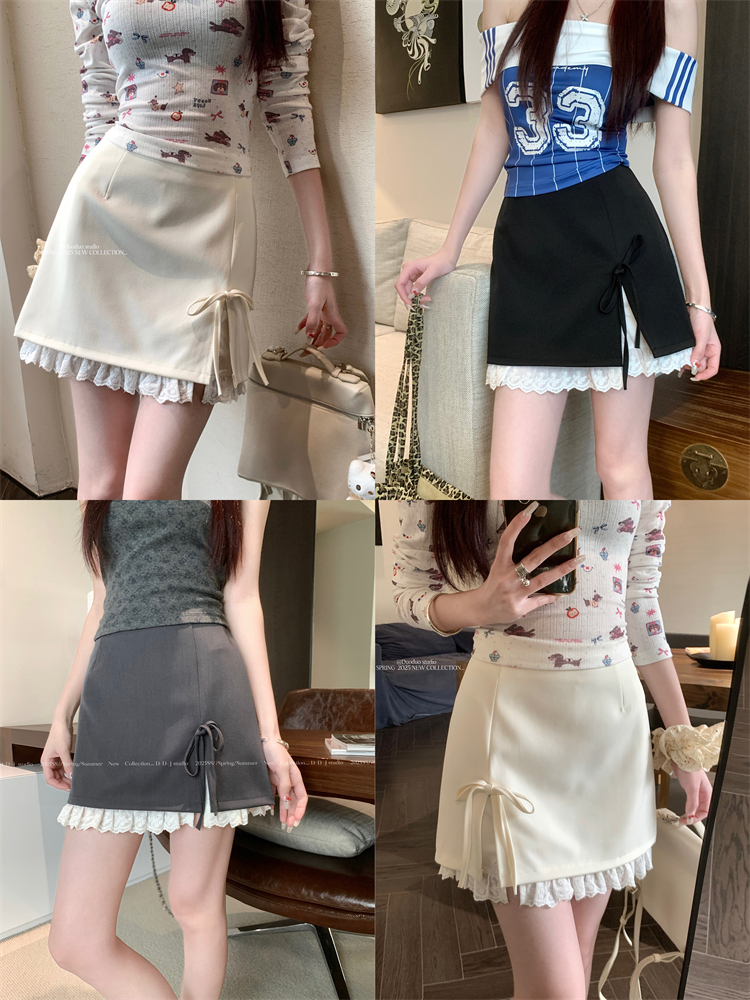 Real photo ~ Sweet style bow tied skirt for women new style design lace A-line hip short skirt