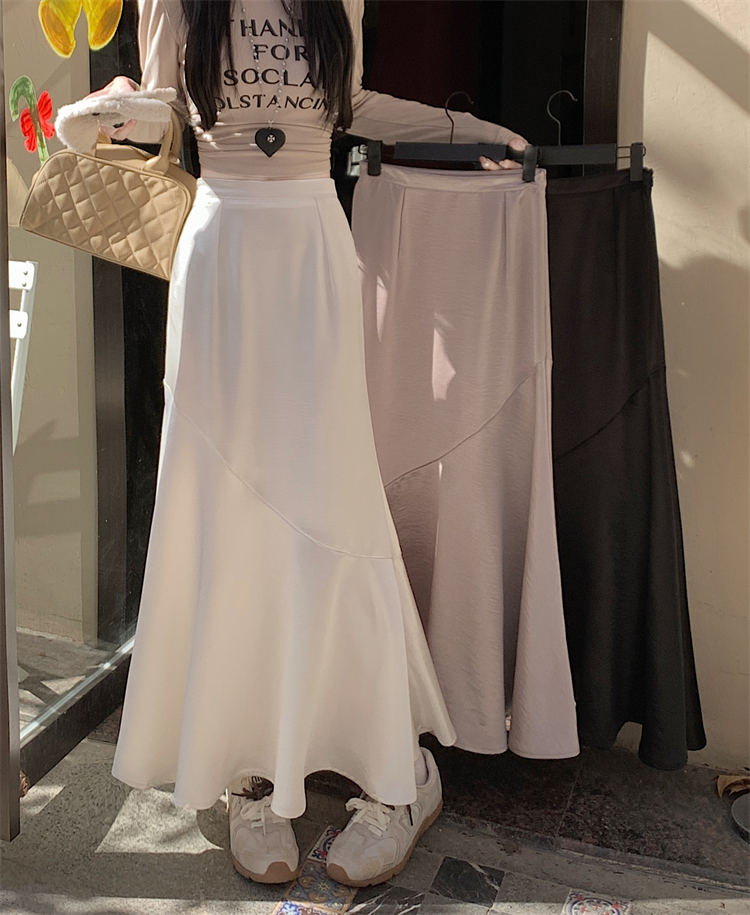 Real shot ~ Spring and summer new versatile slim satin high-end spliced ​​fishtail skirt high waist long skirt for women