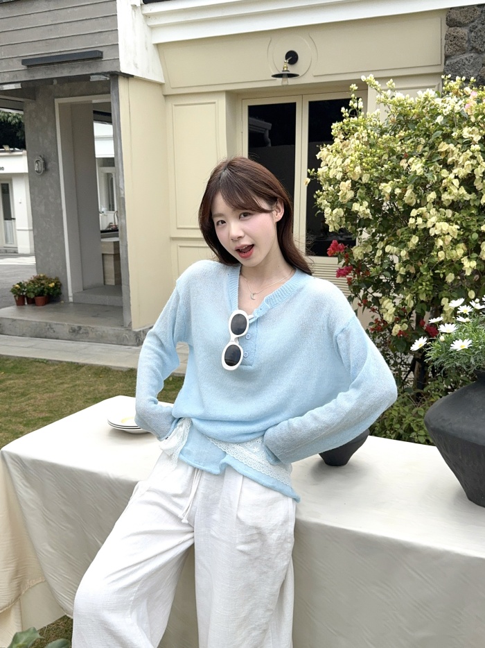 Real shot~ Lazy style spring new thin casual and versatile half-open collar sweater loose top