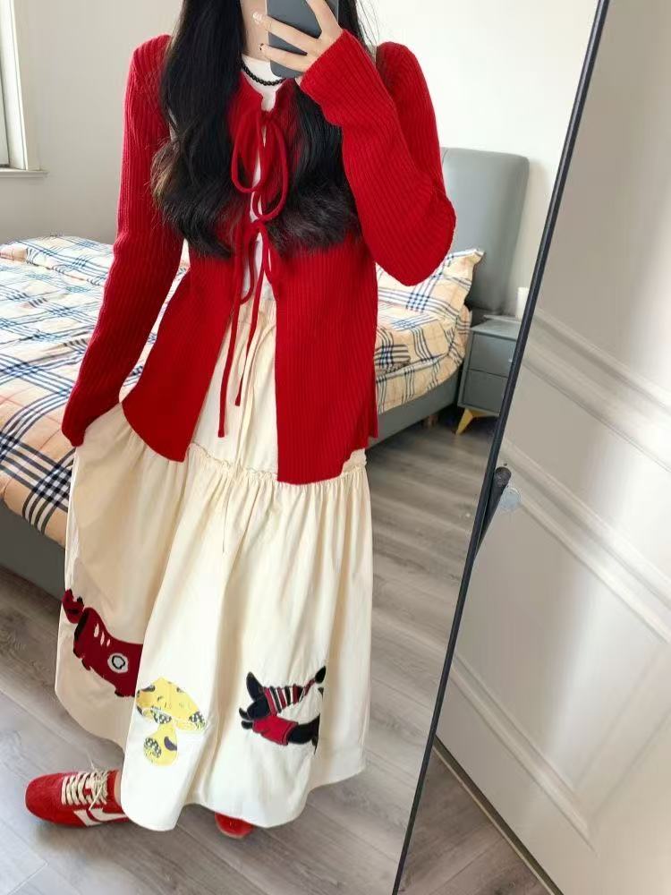 復古紅色圓領綁帶針織外套女春季慵懶風寬鬆毛衣開衫百搭長袖上衣