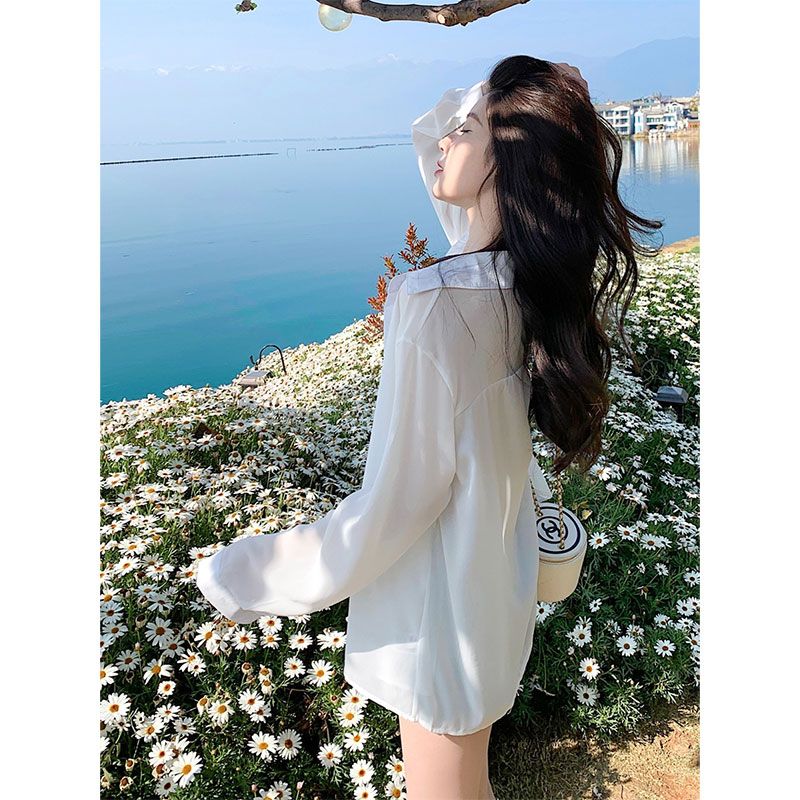 白色長袖襯衫女韓系微透防曬開衫疊穿寬鬆休閒襯衣外套