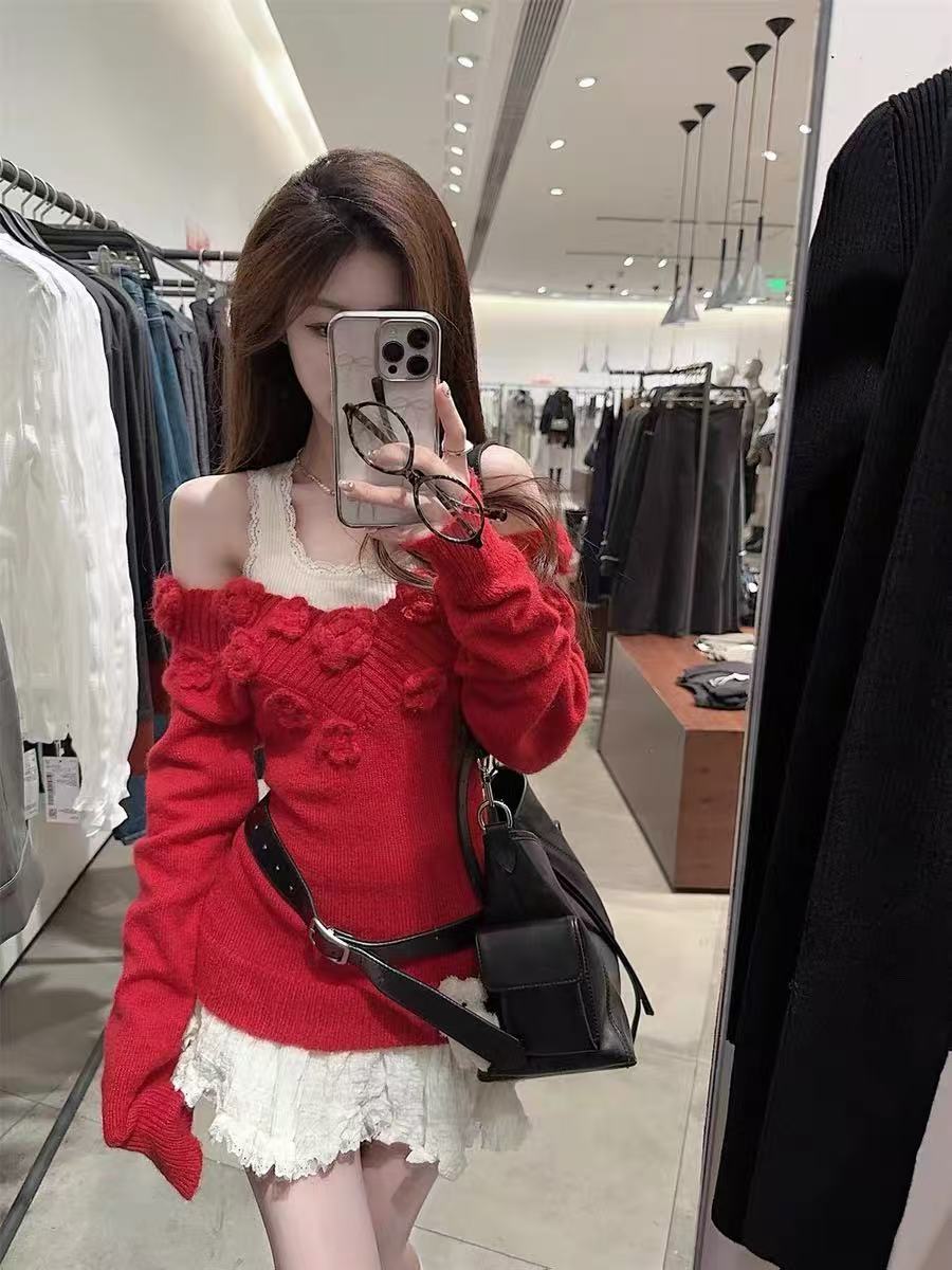 套裝女2025秋冬新款復古立體花朵v領收腰顯瘦毛衣吊帶背心半身裙