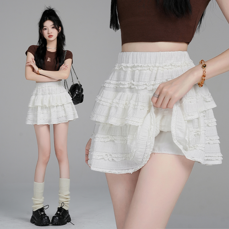 Real shot of sweet age-reducing splicing cake skirt for women in spring and summer 2025 high waist slimming A-line puffy short skirt