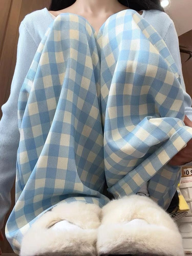 2025新款多巴胺藍色格子褲休閒褲女高腰直筒小個子慵懶寬鬆闊腿褲