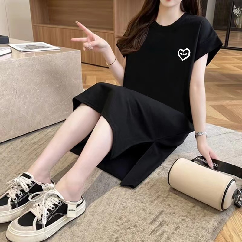 外貿原版夏季中長款開叉T恤連衣裙女包臀韓版大碼寬鬆短袖裙子