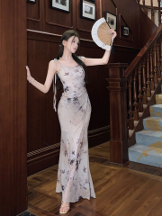 Real shot of retro sexy Chinese style waist-closing slim suspender lace-up new Chinese style flowing slit dress for women