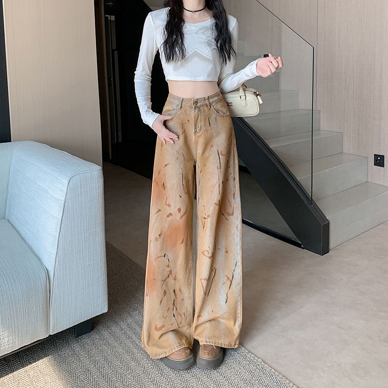 Real shot~Design sense of old washing dirty dyed retro jeans for women loose wide-leg floor jeans