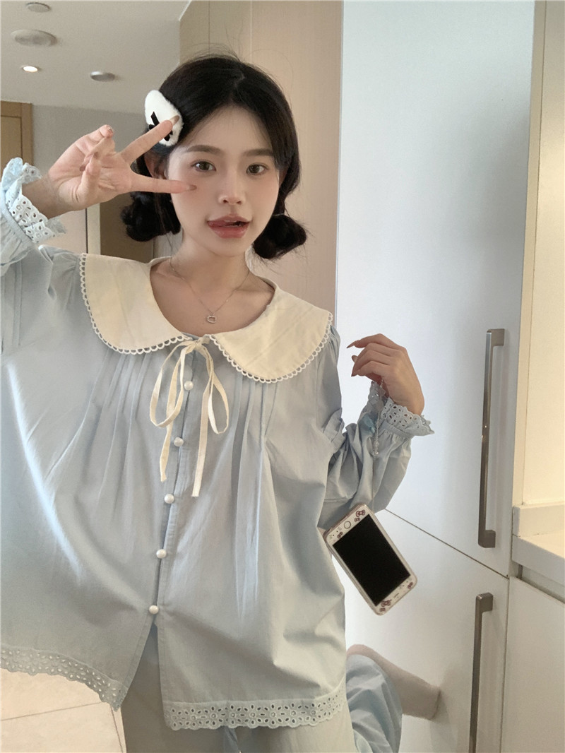 Real shot of Korean version of sweet doll collar princess style spring cotton fresh long sleeve trousers home clothing set